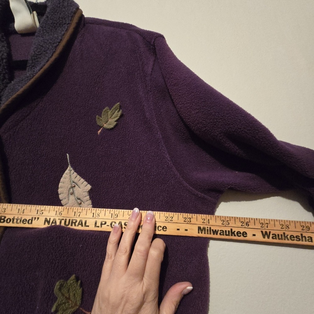 Vintage 90s Y2K Fleece Jacket Cardigan Womens LG Purple Embroidery Leaves Fall - Picture 8 of 11